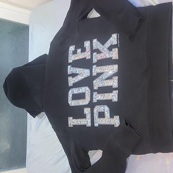 Y2K Vintage VS Pink Black Fur Lined Silver Sequin Mega Bling Hoodie Jacket SZ:L - Picture 12 of 12